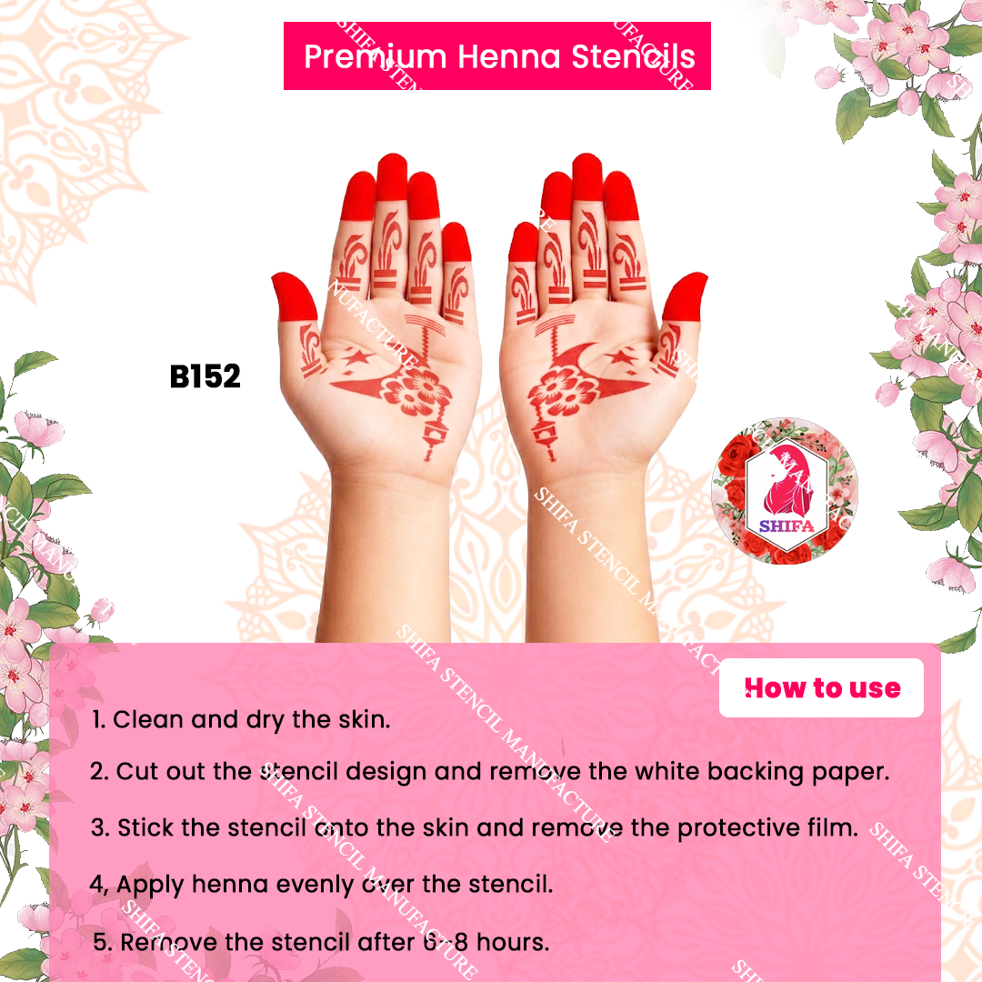 B152 (age 5 to 10) Midnight Bloom Crescent Drop Double Hand Henna Stencil